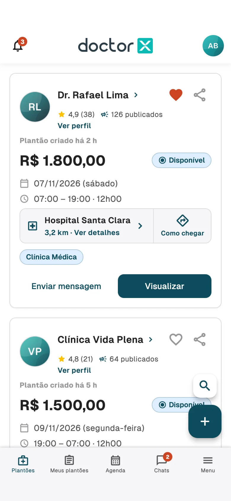 Tela do app DoctorX com a busca inteligente de plantões
